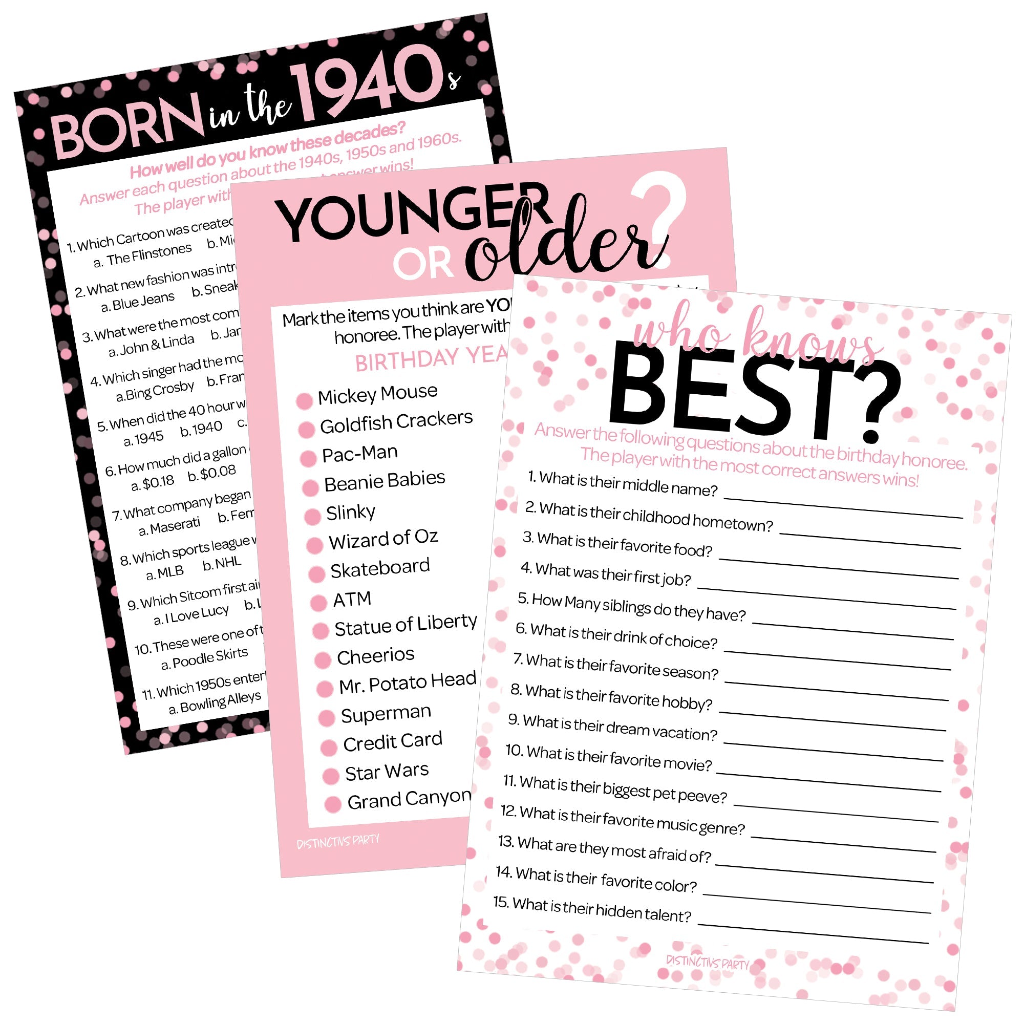 Born in The 1940s Pink & Black Birthday Party Game Bundle - 3 Games for 20 Guests